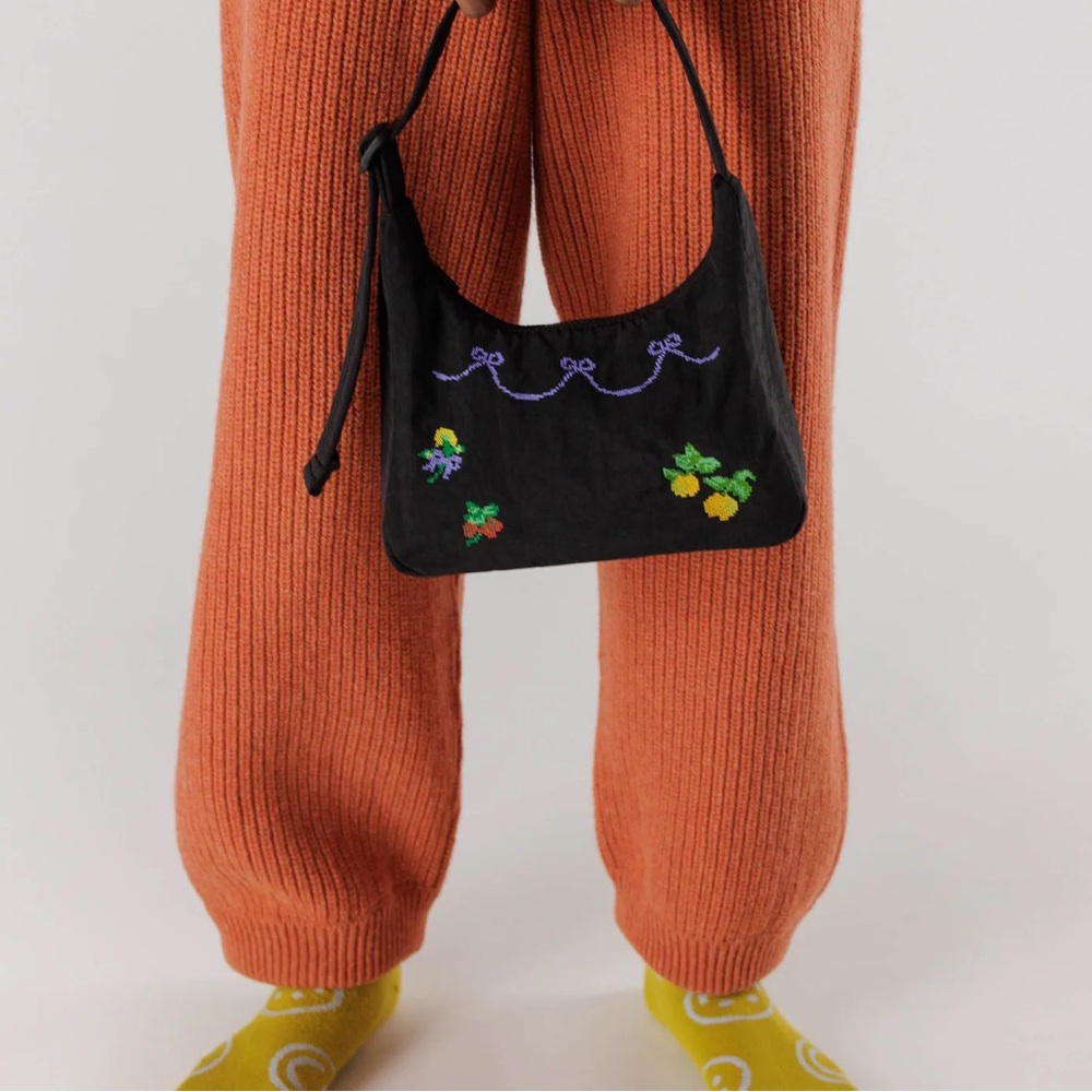 BAGGU Black Mini Shoulder Bag with Purple and Yellow Embroidery